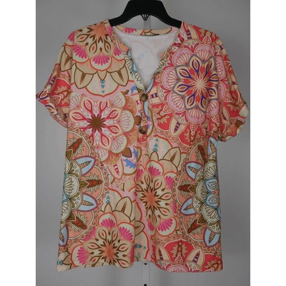 Women's Pink & Orange V-neck Button Accent Short Sleeve Top XL - Picture 2 of 8